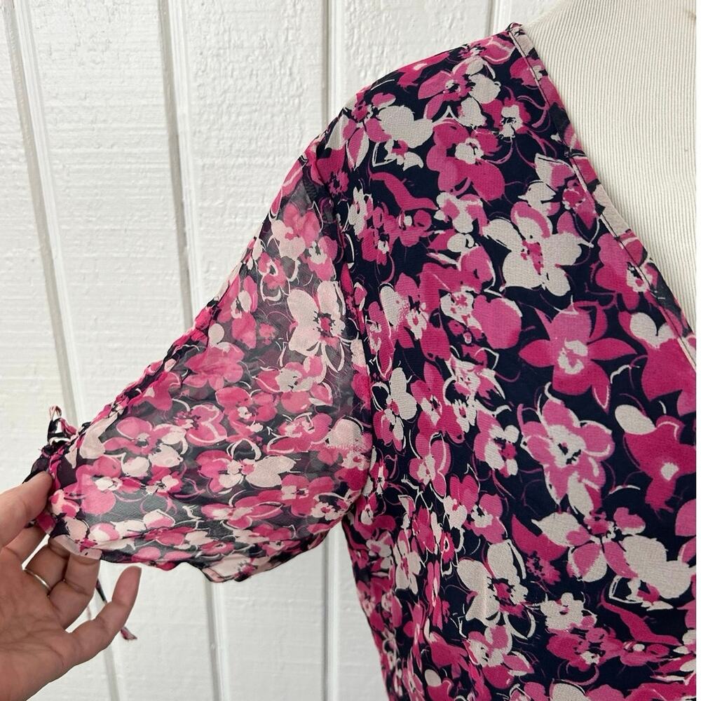 Jaclyn Smith Silk Floral Midi Dress 12 Pink Navy Sheer Sleeve 90s Y2K Romantic - Picture 2 of 8